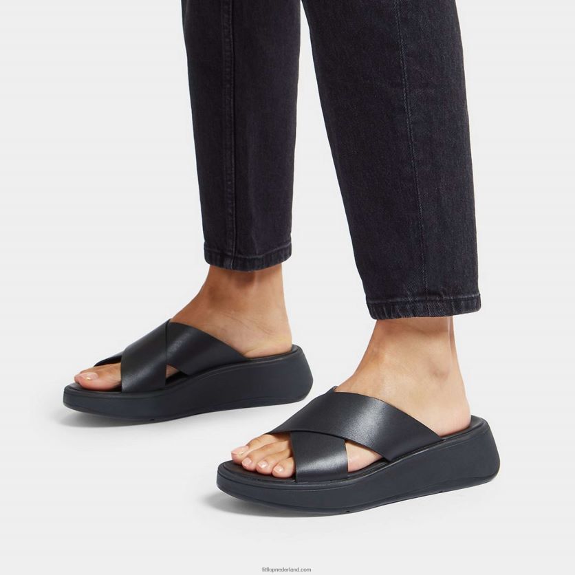 F-mode leren crossslippers met plateauzool vrouwen Fitflop F4BXJ8170 helemaal zwart