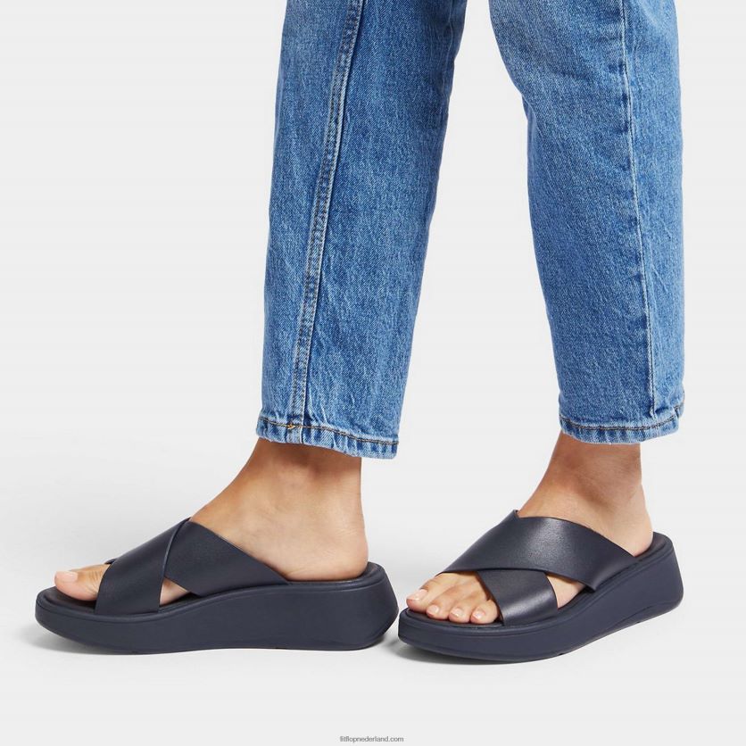 F-mode leren crossslippers met plateauzool vrouwen Fitflop F4BXJ8171 middernacht marine