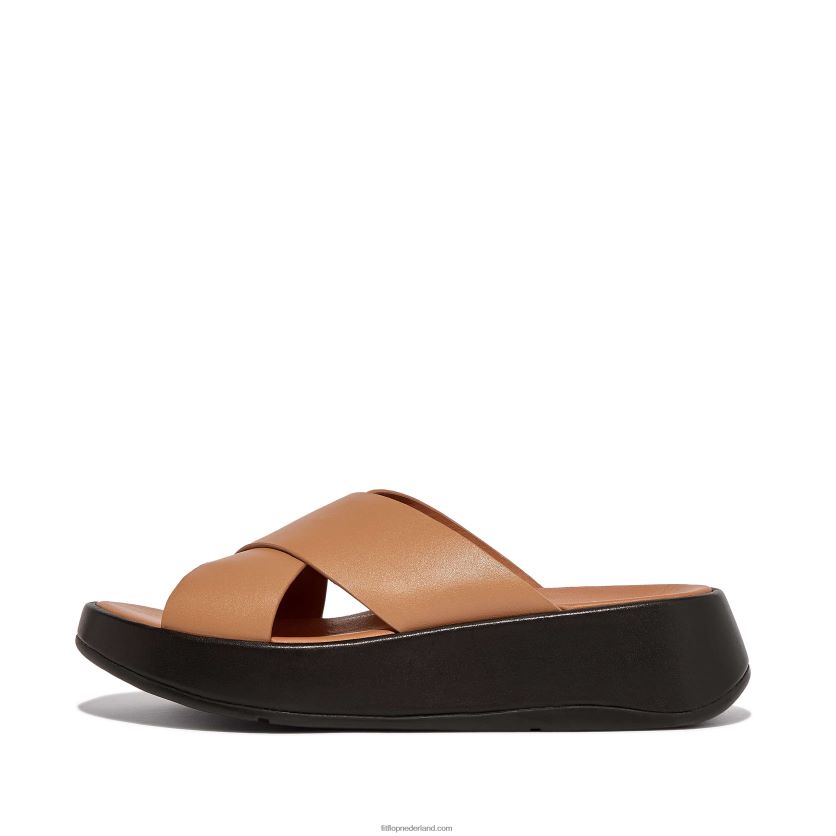 f-mode luxe leren crossslippers met plateauzool vrouwen Fitflop F4BXJ8159 latte bruin