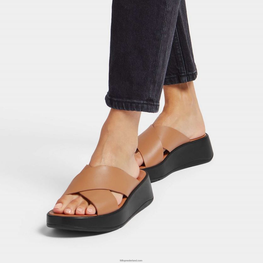f-mode luxe leren crossslippers met plateauzool vrouwen Fitflop F4BXJ8159 latte bruin