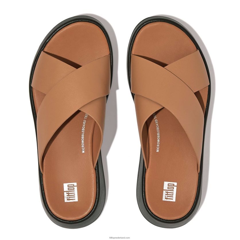 f-mode luxe leren crossslippers met plateauzool vrouwen Fitflop F4BXJ8159 latte bruin