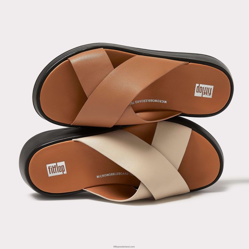 f-mode luxe leren crossslippers met plateauzool vrouwen Fitflop F4BXJ8159 latte bruin