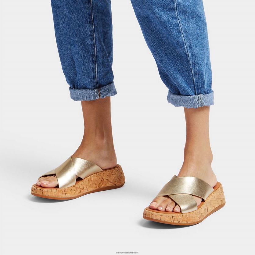 f-mode metallic leren/kurken flatform crossslippers vrouwen Fitflop F4BXJ8161 platina