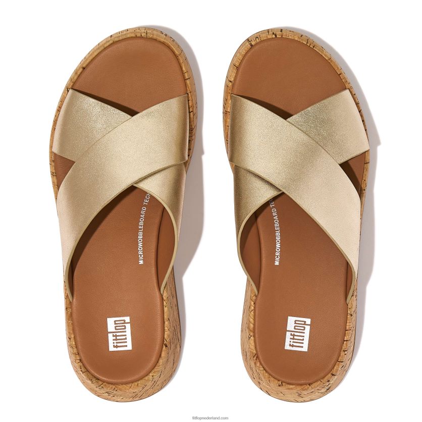 f-mode metallic leren/kurken flatform crossslippers vrouwen Fitflop F4BXJ8161 platina
