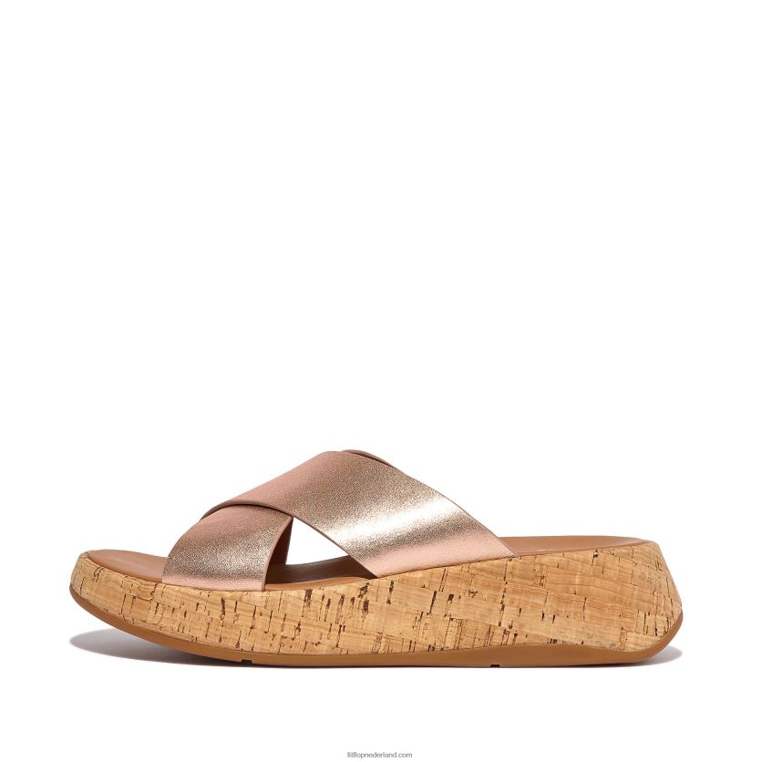 f-mode metallic leren/kurken flatform crossslippers vrouwen Fitflop F4BXJ8162 rosé goud