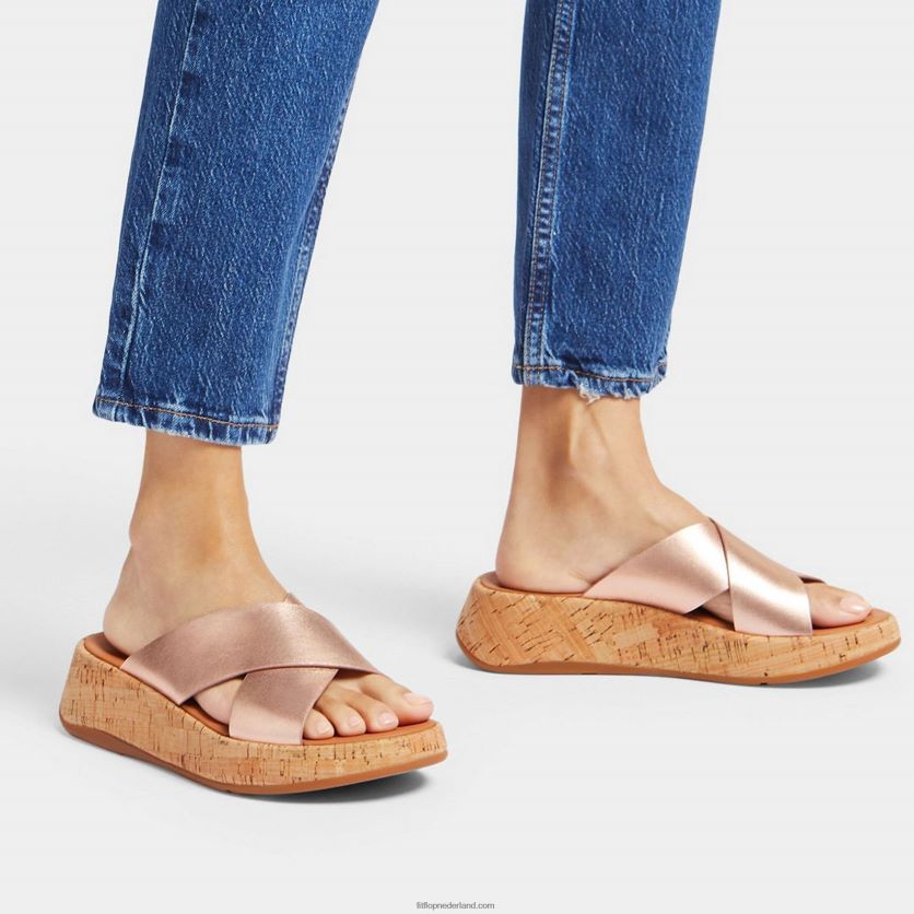f-mode metallic leren/kurken flatform crossslippers vrouwen Fitflop F4BXJ8162 rosé goud