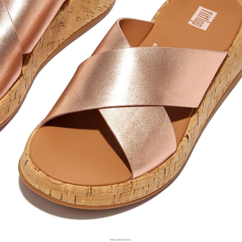 f-mode metallic leren/kurken flatform crossslippers vrouwen Fitflop F4BXJ8162 rosé goud
