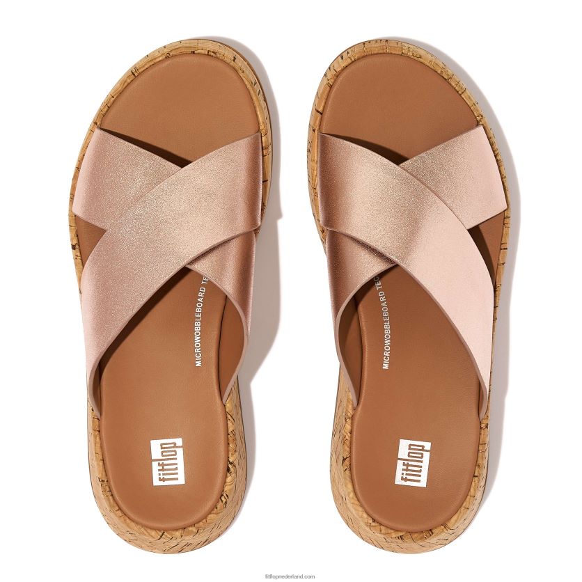 f-mode metallic leren/kurken flatform crossslippers vrouwen Fitflop F4BXJ8162 rosé goud