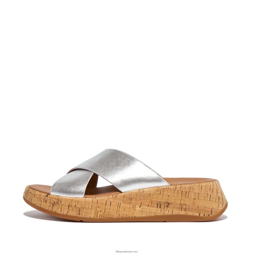 f-mode metallic leren/kurken flatform crossslippers vrouwen Fitflop F4BXJ8163 zilver