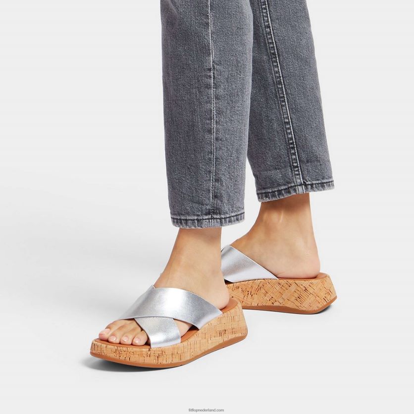 f-mode metallic leren/kurken flatform crossslippers vrouwen Fitflop F4BXJ8163 zilver