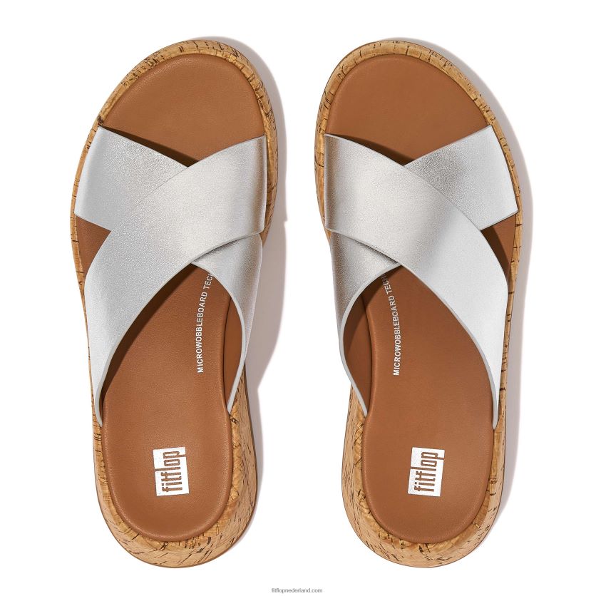 f-mode metallic leren/kurken flatform crossslippers vrouwen Fitflop F4BXJ8163 zilver