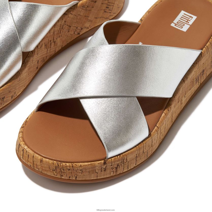 f-mode metallic leren/kurken flatform crossslippers vrouwen Fitflop F4BXJ8163 zilver