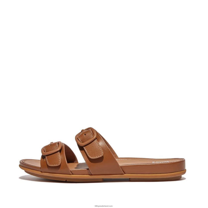 gracie gesp twee-bar lederen dia's vrouwen Fitflop F4BXJ881 helemaal bruin