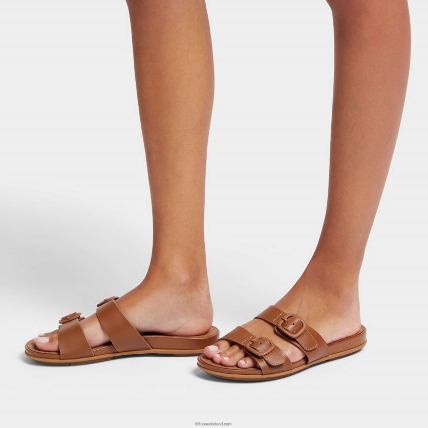 gracie gesp twee-bar lederen dia\'s vrouwen Fitflop F4BXJ881 helemaal bruin