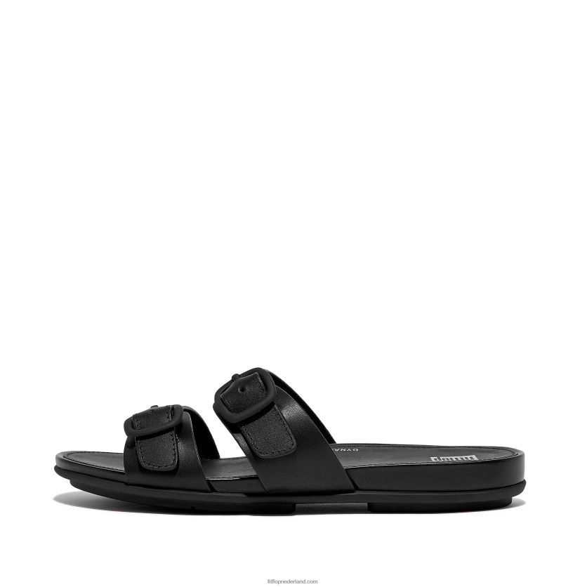gracie gesp twee-bar lederen dia's vrouwen Fitflop F4BXJ883 helemaal zwart