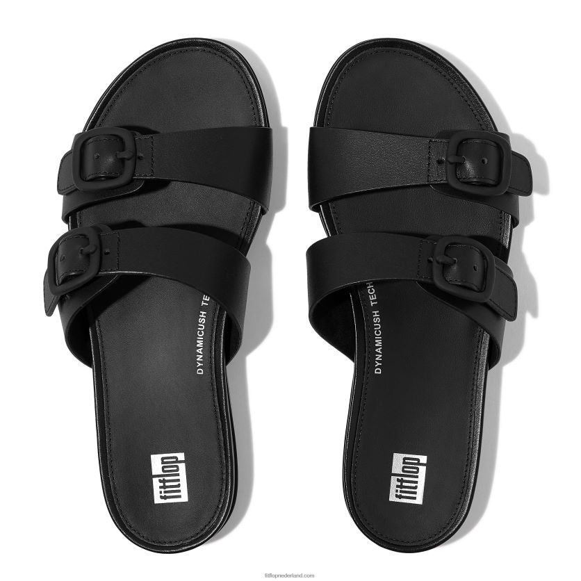 gracie gesp twee-bar lederen dia\'s vrouwen Fitflop F4BXJ883 helemaal zwart