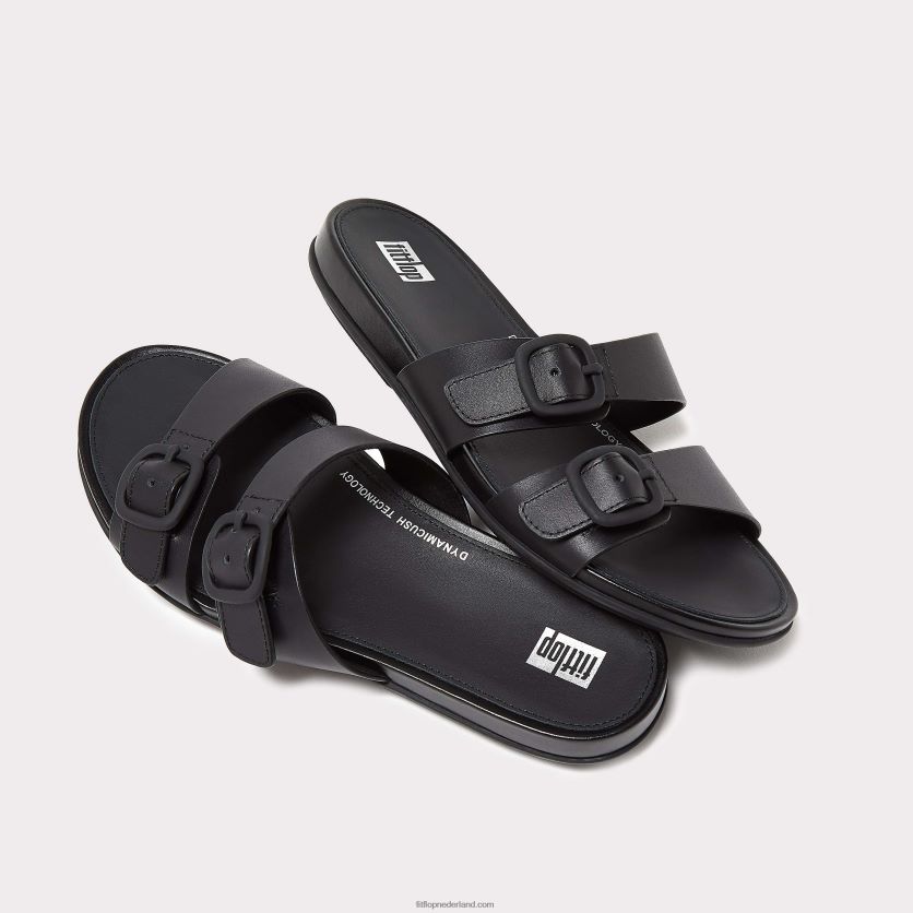 gracie gesp twee-bar lederen dia\'s vrouwen Fitflop F4BXJ883 helemaal zwart