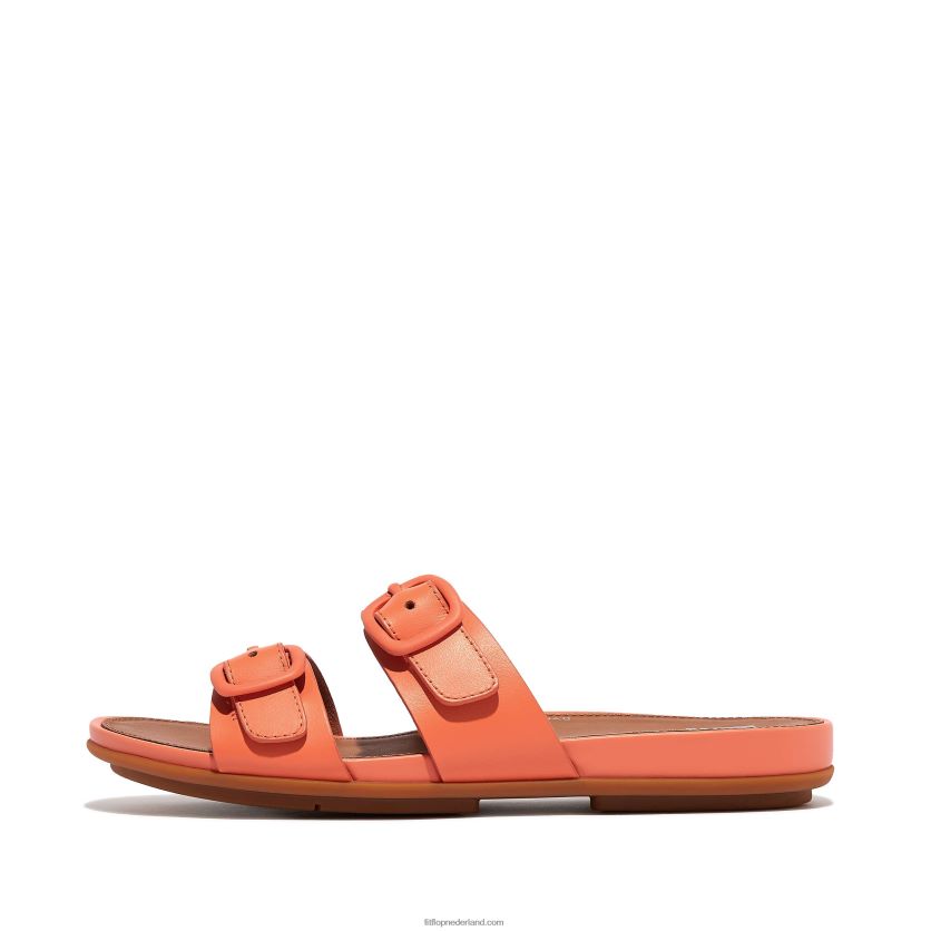 gracie gesp twee-bar lederen dia's vrouwen Fitflop F4BXJ884 zonneschijn koraal