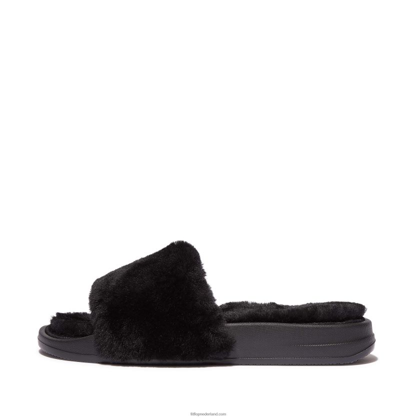 iqushion shearling glijbanen vrouwen Fitflop F4BXJ8196 helemaal zwart