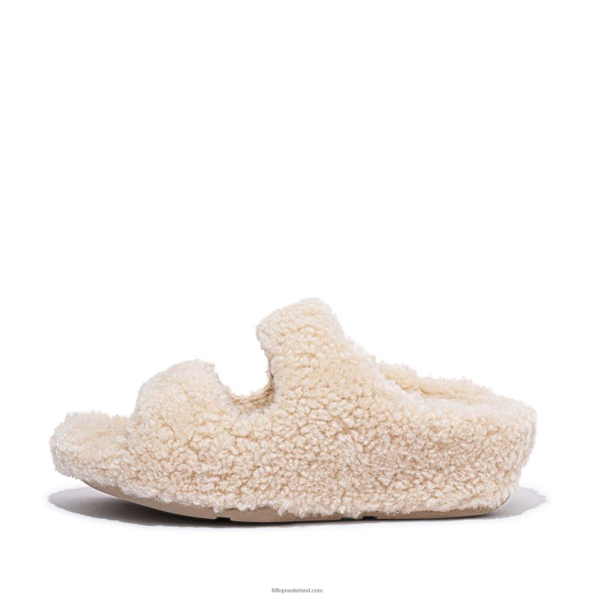 shuv shearling slides met twee staven vrouwen Fitflop F4BXJ8317 ivoor