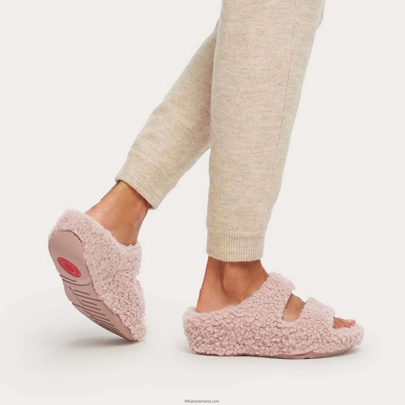 shuv shearling slides met twee staven vrouwen Fitflop F4BXJ8318 zacht roze