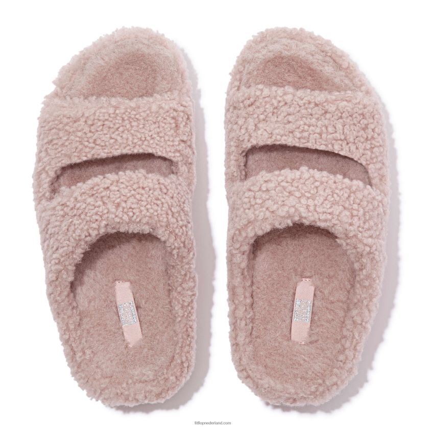 shuv shearling slides met twee staven vrouwen Fitflop F4BXJ8318 zacht roze