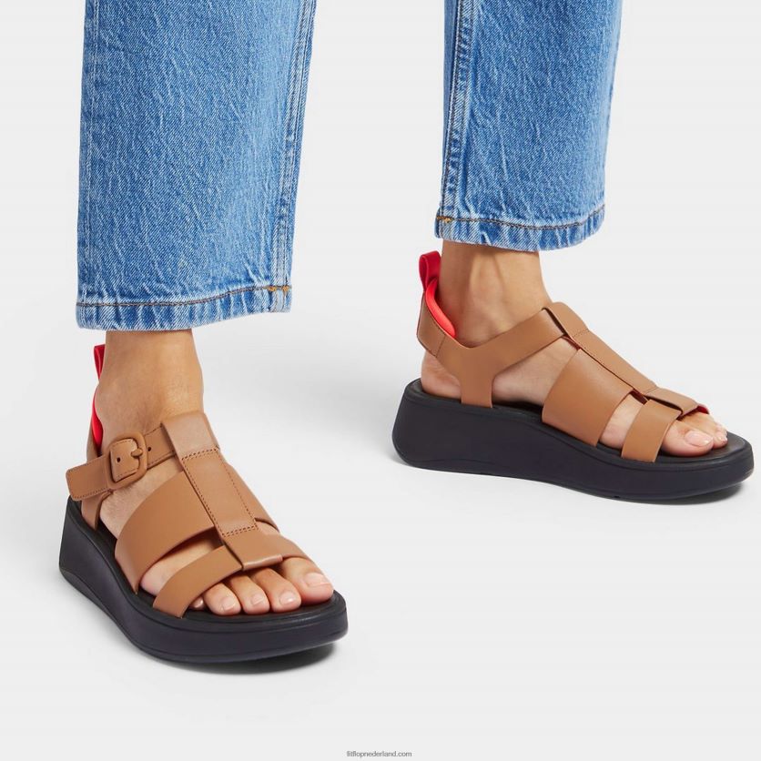 F-mode neon-pop leren visserssandalen met plateauzolen vrouwen Fitflop F4BXJ848 latte tan/oranje