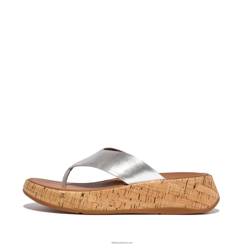 F-mode metallic leren/kurken sandalen met plateauzool vrouwen Fitflop F4BXJ8128 zilver