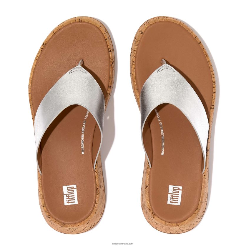 F-mode metallic leren/kurken sandalen met plateauzool vrouwen Fitflop F4BXJ8128 zilver