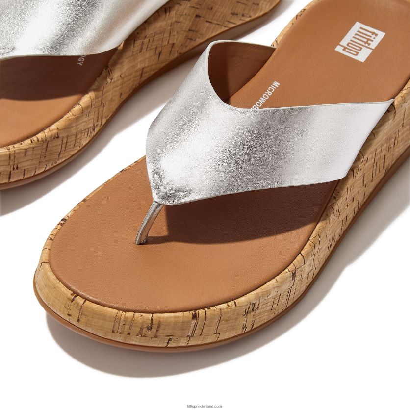 F-mode metallic leren/kurken sandalen met plateauzool vrouwen Fitflop F4BXJ8128 zilver