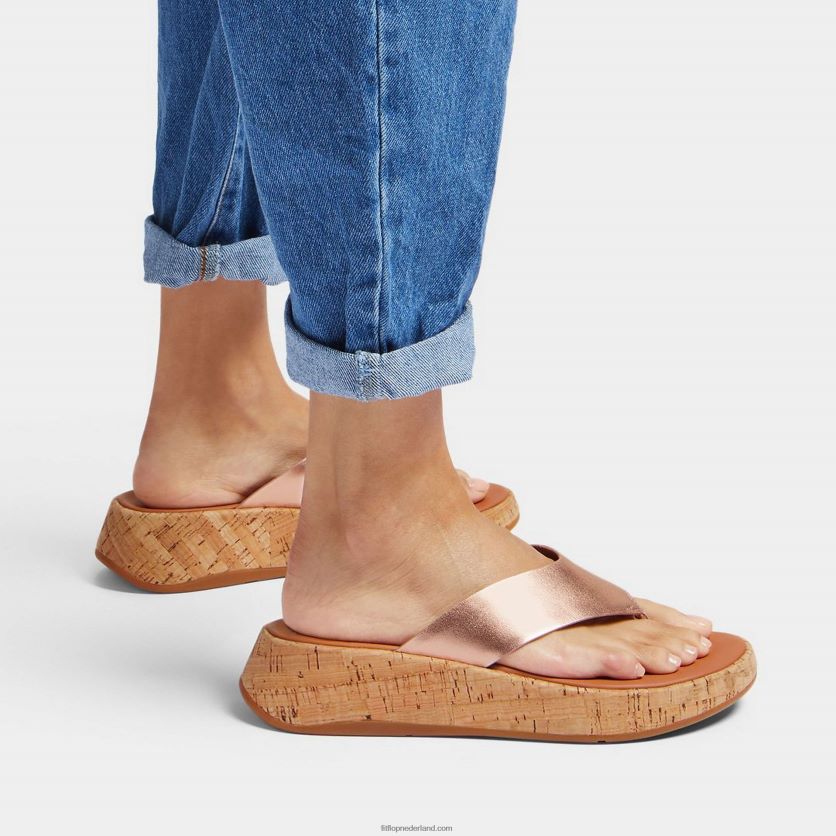 F-mode metallic leren/kurken sandalen met plateauzool vrouwen Fitflop F4BXJ8129 rosé goud