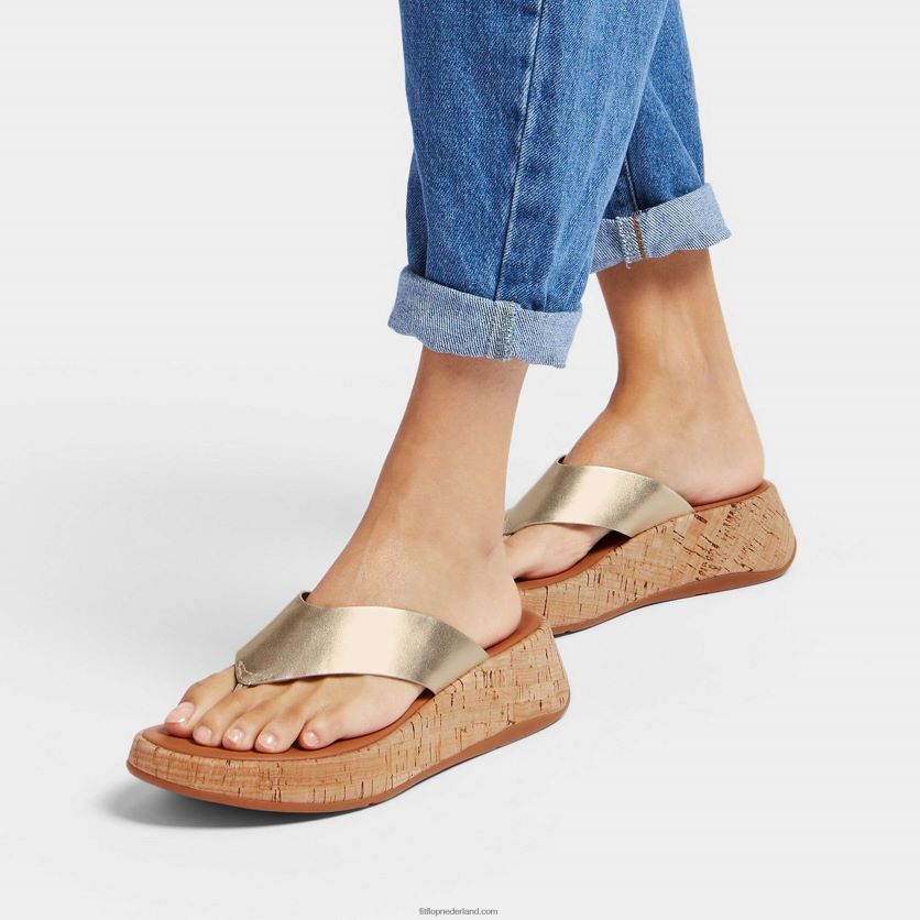 F-mode metallic leren/kurken sandalen met plateauzool vrouwen Fitflop F4BXJ8130 platina