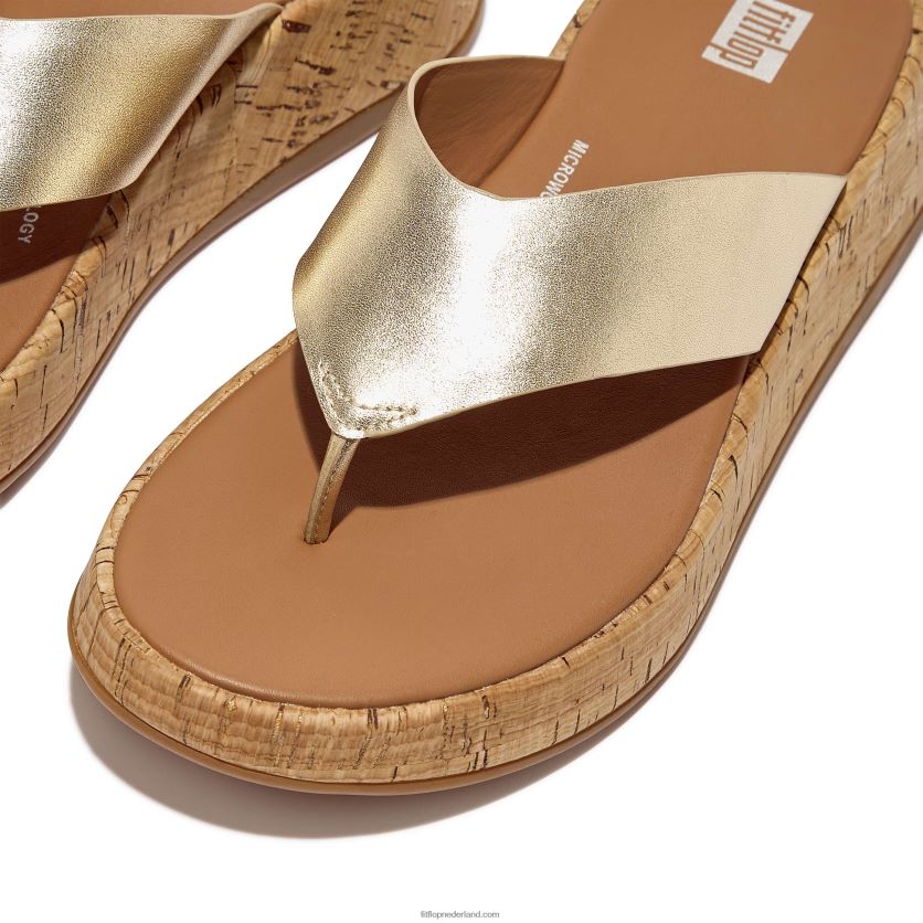 F-mode metallic leren/kurken sandalen met plateauzool vrouwen Fitflop F4BXJ8130 platina