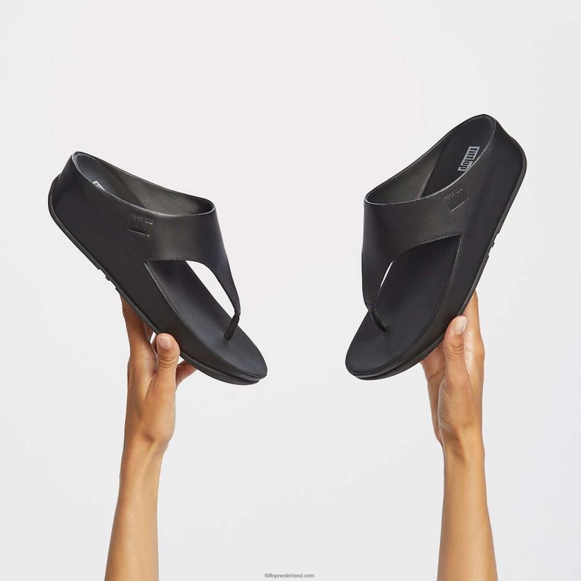 shuv leren sandalen met teenstuk vrouwen Fitflop F4BXJ8148 helemaal zwart