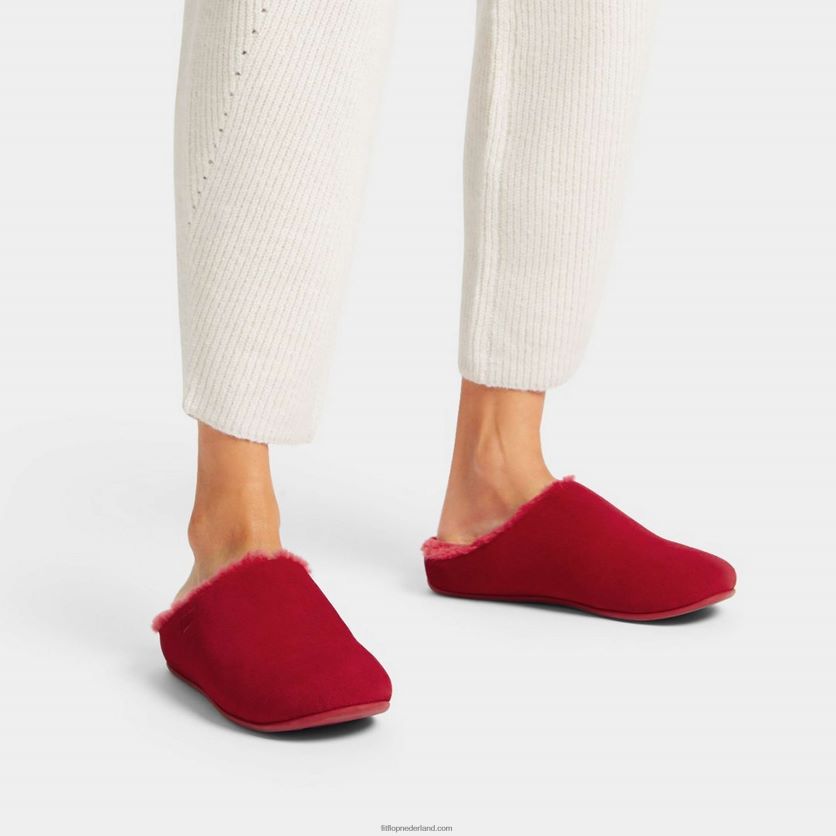 chrissie met schapenvacht gevoerde suède pantoffels vrouwen Fitflop F4BXJ8333 rijk rood