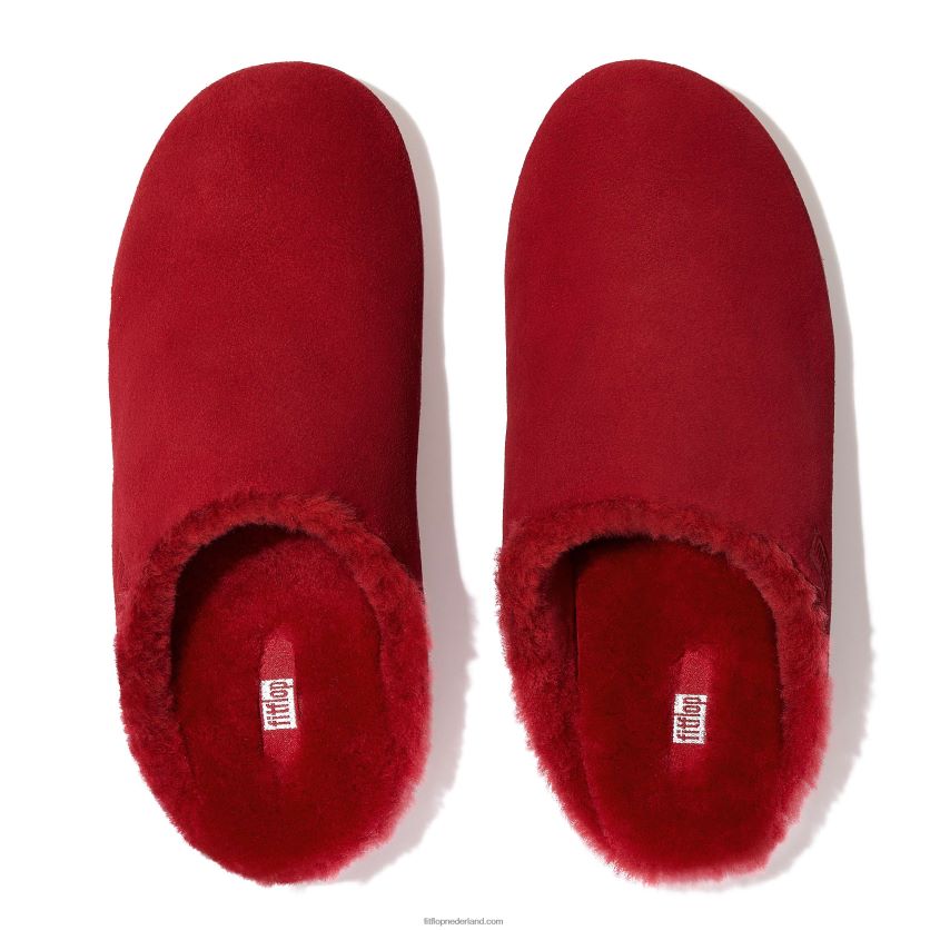 chrissie met schapenvacht gevoerde suède pantoffels vrouwen Fitflop F4BXJ8333 rijk rood