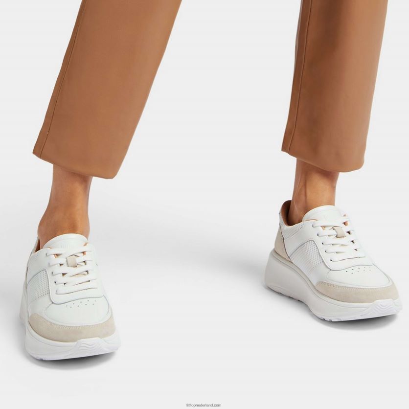 f-mode sneakers van leer/mesh met plateauzolen vrouwen Fitflop F4BXJ8218 wit grijs