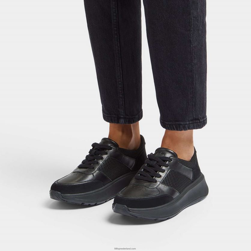 f-mode sneakers van leer/mesh met plateauzolen vrouwen Fitflop F4BXJ8219 helemaal zwart