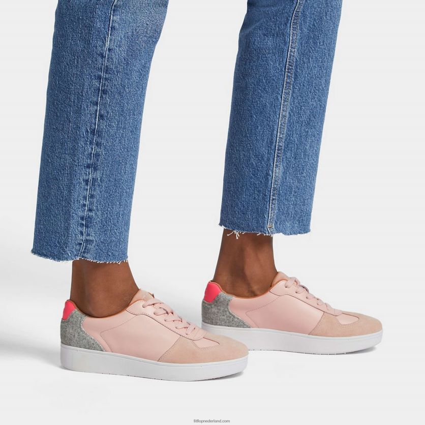 rally sneakers van leer/vilt panelen vrouwen Fitflop F4BXJ8232 roze zout/grijs