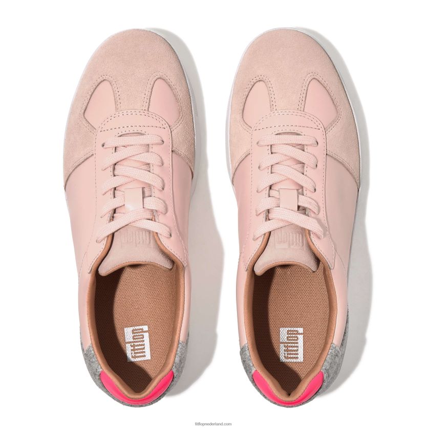 rally sneakers van leer/vilt panelen vrouwen Fitflop F4BXJ8232 roze zout/grijs