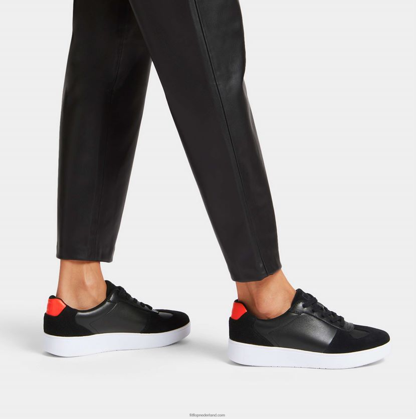rally sneakers van leer/vilt panelen vrouwen Fitflop F4BXJ8233 zwart/oranje